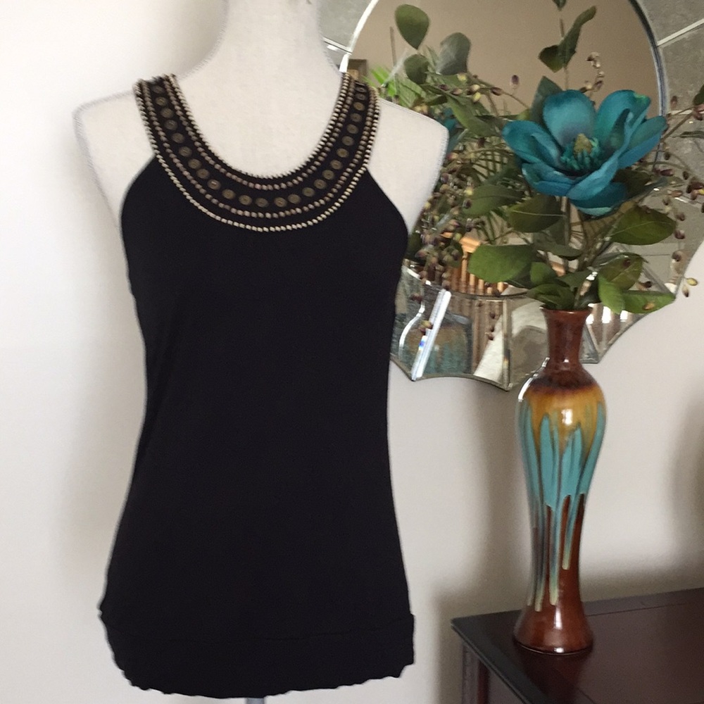 Beaded neckline black sleeveless top